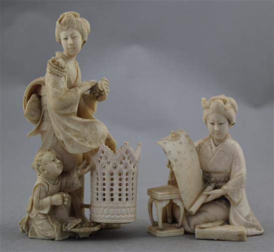 Two Japanese ivory okimono of bijin, Meiji period, 15cm.